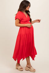 Red Deep V-Neck Puff Short Sleeve Asymmetrical Hem Maternity Midi Dress