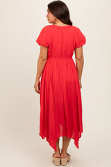 Red Deep V-Neck Puff Short Sleeve Asymmetrical Hem Maternity Midi Dress