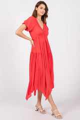 Red Deep V-Neck Puff Short Sleeve Asymmetrical Hem Midi Dress