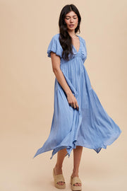 Blue Deep V-Neck Puff Short Sleeve Asymmetrical Hem Midi Dress