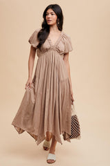 Taupe Deep V-Neck Puff Short Sleeve Asymmetrical Hem Midi Dress