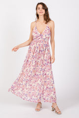 Pink Floral Mesh Sleeveless Maxi Dress