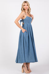 Blue Back Tie Straight Neck Maternity Midi Dress