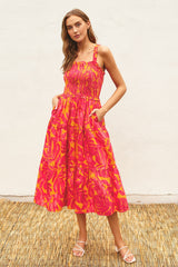 Coral Tropical Smocked Ruffle Tiered Midi Dress