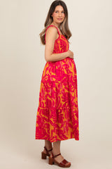 Coral Tropical Smocked Ruffle Tiered Maternity Midi Dress