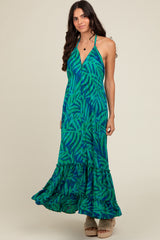 Green Leaf Print Halter Maternity Maxi Dress