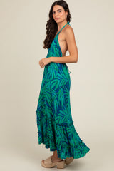 Green Leaf Print Halter Maternity Maxi Dress