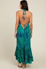 Green Leaf Print Halter Maternity Maxi Dress