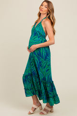 Green Leaf Print Halter Maternity Maxi Dress