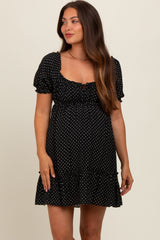 Black Polka Dot Puff Sleeve Tie Front Maternity Dress