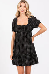 Black Polka Dot Puff Sleeve Tie Front Dress