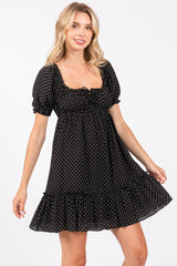 Black Polka Dot Puff Sleeve Tie Front Dress