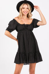 Black Polka Dot Puff Sleeve Tie Front Dress