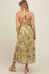 Light Yellow Tropical Halter Maternity Maxi Dress