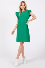 Green Knit Ruffle Sleeve Sweater Dress