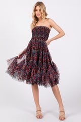 Black Floral Sleeveless Smocked Ruffle Hem Maternity Dress