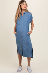 Blue Chambray Button Down Maternity Midi Dress