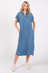 Blue Chambray Button Down Maternity Midi Dress