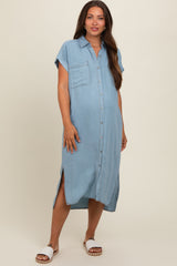 Light Blue Chambray Button Down Maternity Midi Dress