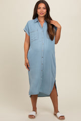 Light Blue Chambray Button Down Maternity Midi Dress