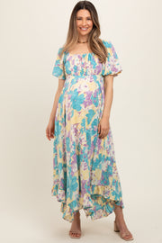 Teal Floral Puff Sleeve Handkerchief Hem Maternity Maxi Dress