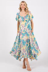 Teal Floral Puff Sleeve Handkerchief Hem Maxi Dress