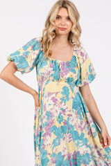 Teal Floral Puff Sleeve Handkerchief Hem Maxi Dress