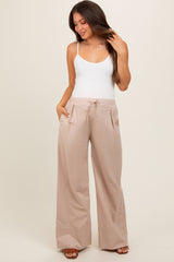 Beige Pleated Drawstring Waist Maternity Pants