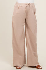 Beige Pleated Drawstring Waist Maternity Pants