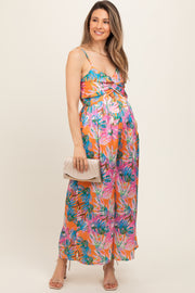 Orange Floral Front Twist Maternity Jumpsuit