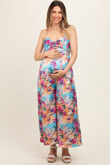 Light Blue Floral Front Twist Maternity Jumpsuit