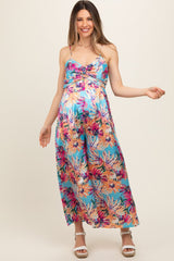 Light Blue Floral Front Twist Maternity Jumpsuit