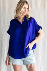 Royal Satin Button Front Collared Short Sleeve Top