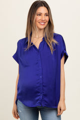 Royal Satin Button Front Collared Short Sleeve Maternity Top