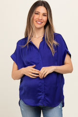 Royal Satin Button Front Collared Short Sleeve Maternity Top