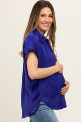 Royal Satin Button Front Collared Short Sleeve Maternity Top