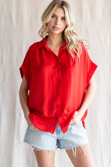 Red Satin Button Front Collared Short Sleeve Maternity Top