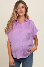 Purple Satin Button Front Collared Short Sleeve Maternity Top