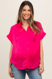 Fuchsia Satin Button Front Collared Short Sleeve Maternity Top