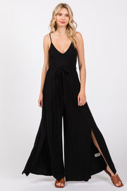 Black Sleeveless V-Neck Split Hem Jumpsuit