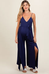 Navy Blue Sleeveless V-Neck Split Hem Maternity Jumpsuit