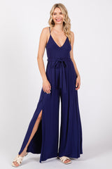 Navy Blue Sleeveless V-Neck Split Hem Maternity Jumpsuit