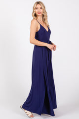 Navy Blue Sleeveless V-Neck Split Hem Jumpsuit