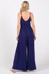 Navy Blue Sleeveless V-Neck Split Hem Jumpsuit