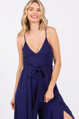 Navy Blue Sleeveless V-Neck Split Hem Jumpsuit