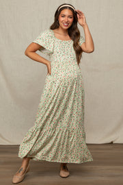 Light Green Floral Short Sleeve Maternity Maxi Dress