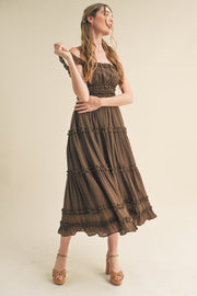 Brown Ruffled Midi Dress