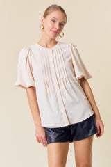 Vanilla Bubble Short Sleeve Pintuck Button Down Blouse