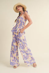 Lavender Floral Smocked Bodice Wide Leg Jumpsuit