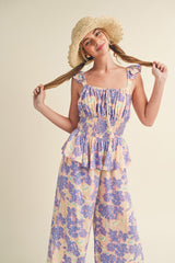 Lavender Floral Smocked Bodice Wide Leg Jumpsuit